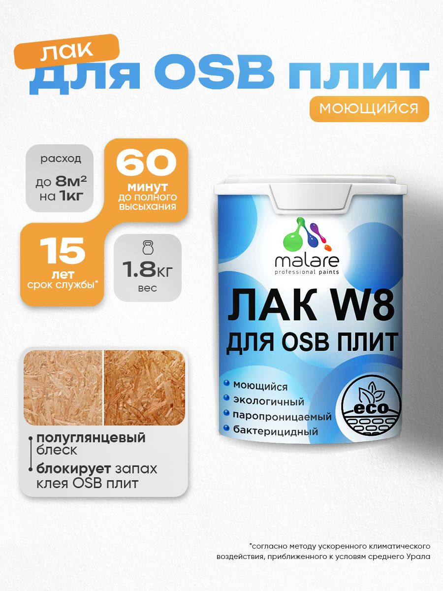 Лак для защиты ОСБ плит Malare W8 универсальный для дерева и минеральных поверхностей, паропроницаемый, водный без запаха быстросохнущий, полуглянцевый 1,8 кг. — обзор и где купить выгоднее