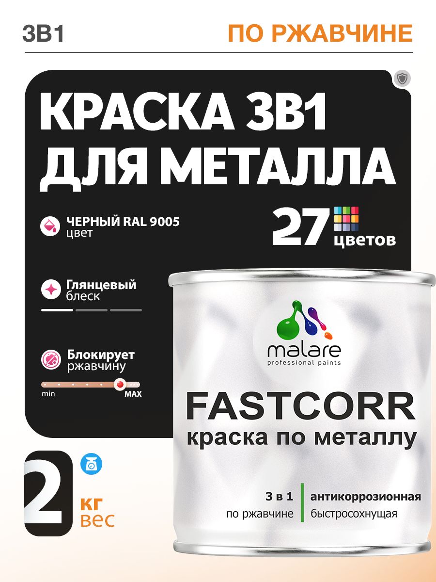 Краска для металла по ржавчине Malare FastCorr, для наружных работ износостойкая, быстросохнущая RAL 9005 черный, глянцевая, 2 кг — обзор и где купить выгоднее