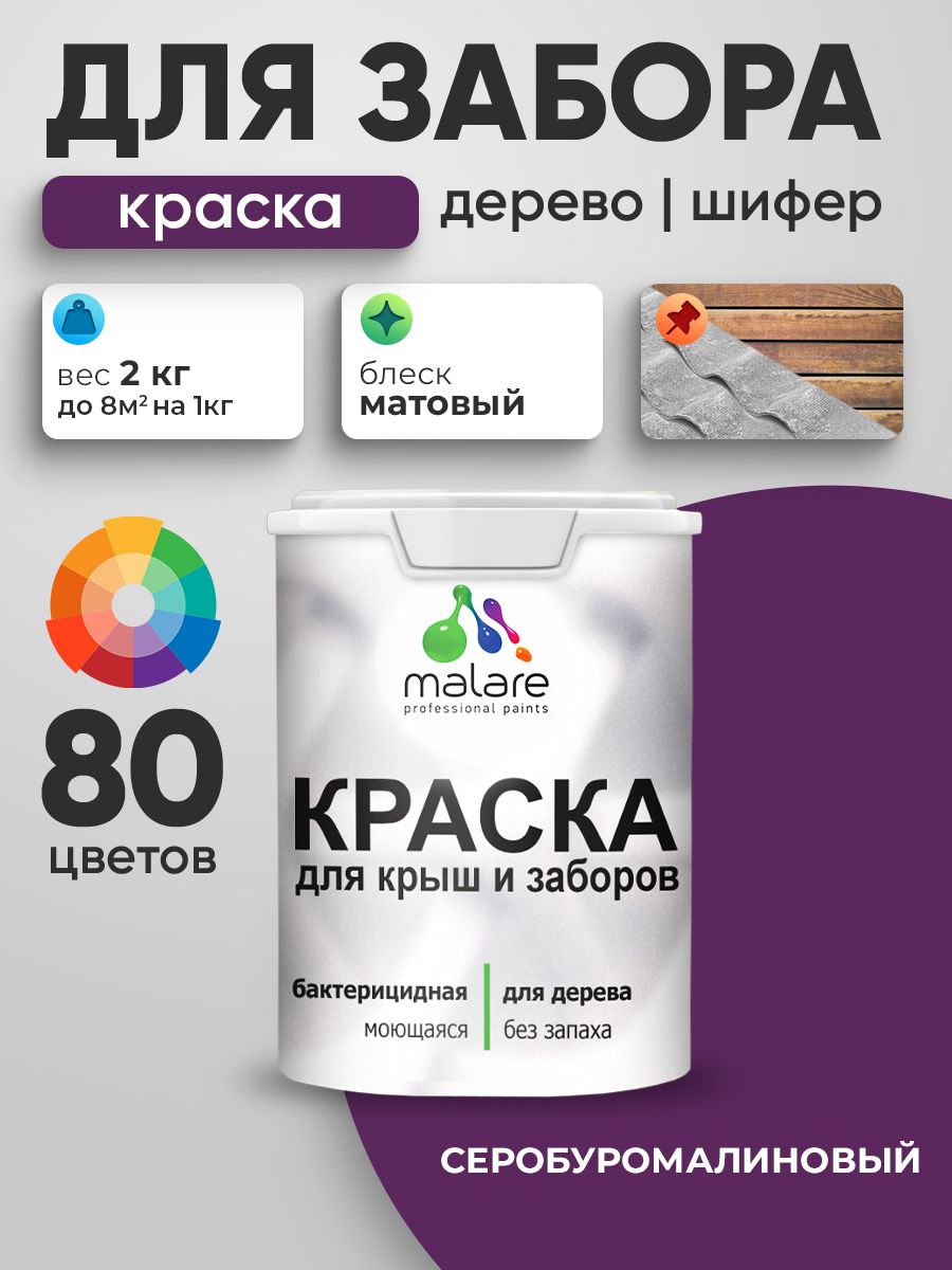 Акриловая краска Malare для деревянного забора/ по дереву для наружных и внутренних работ/ быстросохнущая моющаяся без запаха, матовая, серобуромалиновый, 2 кг. — обзор и где купить выгоднее
